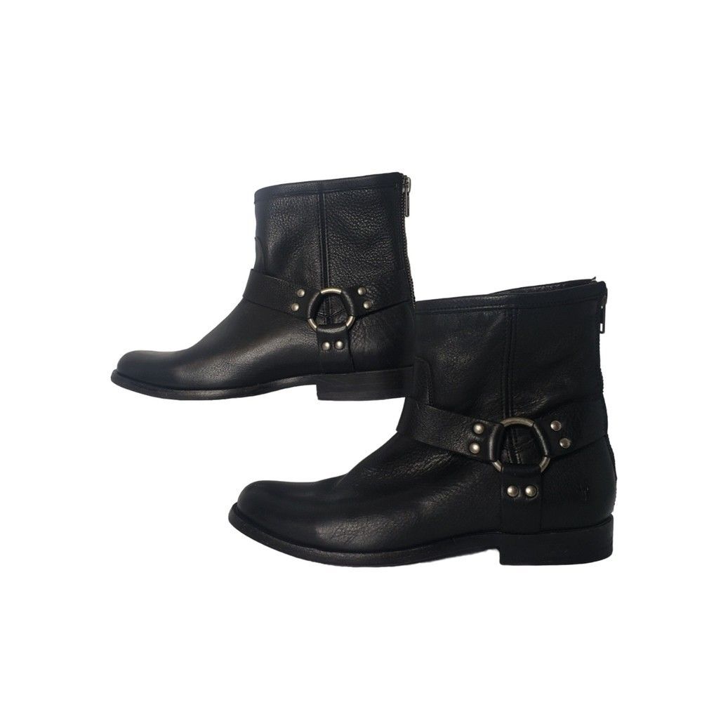 FRYE Phillip Harness Short Black Leather Ankle Boots Size 7